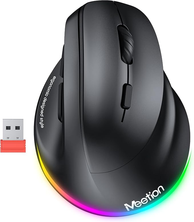 MEETION Ergonomic Mouse, Wireless Vertical Mouse RGB Backlit Rechargeable Mice for Bluetooth(5.2 + 3.0) & USB, 4 Adjustable DPI for Mac/Windows/Andriod/PC/Tablet/iPad, Black