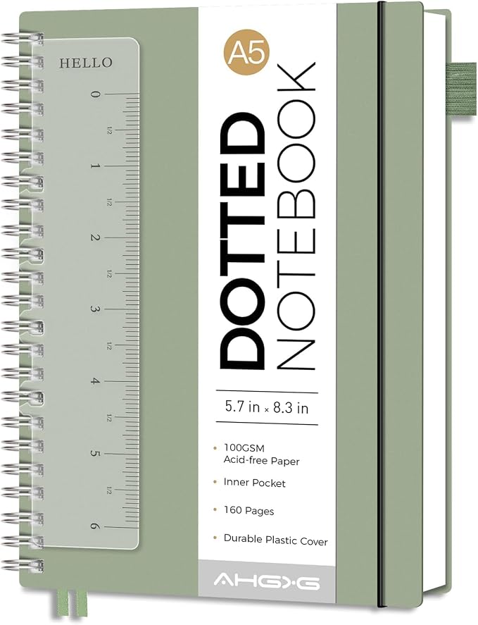 AHGXG Dotted Journal - Dot Grid Spiral Notebook A5, 160 Pages, 100 GSM Thick Paper, Waterproof Plastic Cover Journals for Journaling, Sketching, 5.7" x 8.3", Light Green