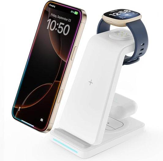 Wireless Charger for Fitbit Charging Station - GEEKERA 3 in 1 Phone Charger Stand for Fitbit Watch Sense 2/Sense/Versa 4/3, iPhone, Samsung, Google Pixel Phones, Androids, Airpods 4/3/2