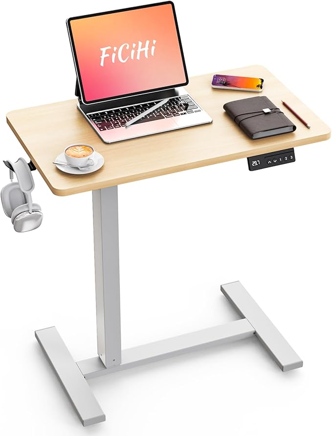 FiCiHi Small Electric Standing Desk - Adjustable Height Bedside Laptop Table with Wheels, Mobile, Portable Rolling Computer Workstation Sit Stand Table for Home Office, Sofa, Couch Use(28x16,Maple)
