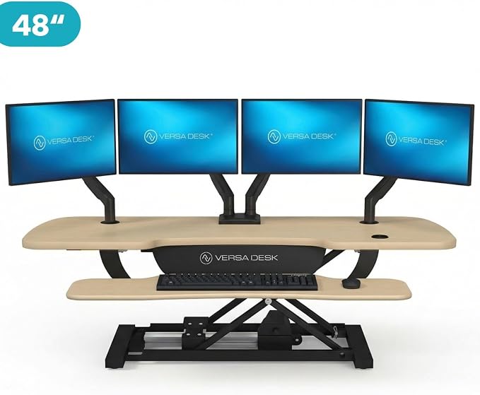VERSADESK PowerPro 48 Inch Electric Standing Desk Converter – Push-Button Height Adjustable Sit to Stand Desk Riser for Multiple Monitors – Motorized Desktop Workstation with Wide Keyboard Tray