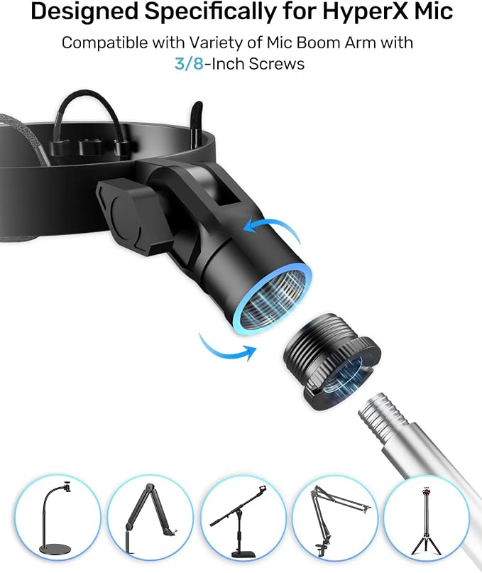 [Custom Built for HeyperX Quadcast Shouck Mount ] Microphone Mount Stand Mic Mount Adapter with 5/8" 3/8" 1/4" Screw Adapter with Microphone Stand & Boom Arm