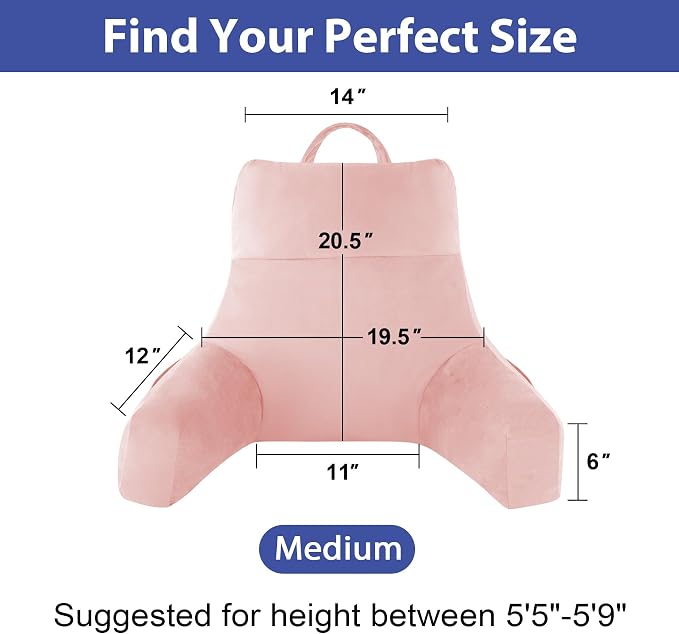 IPYNBAP Back Pillow for Bed Sitting up, Reading Pillow for Sitting in Bed Adult, Back Support Pillow, Memory Foam Sit up Lounge Backrest Pillow with Arms for TV, Couch, Chair, Dorm, 20 Inch, Pink