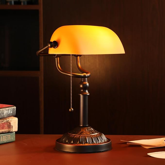 TORCHSTAR Amber Glass Bankers Desk Lamp with Pull Chain, E26 Base | Retro Weighted Base, Antique Traditional Library Lamp for Office Study Room, Bulbs not Included