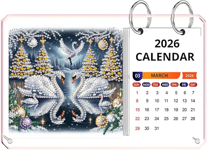 2026 Standing Desk Calendar DIY Diamond Art Painting Monthly Flip Desktop Calendar Mosaic Kits Acrylic Tabletop Calendars Diamond Art Craft Supplies Planner for Office Home Decor-Swan