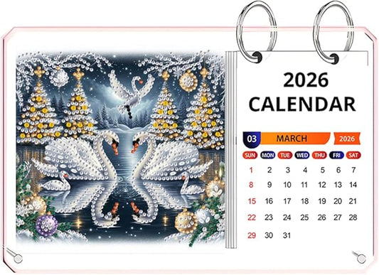 2026 Standing Desk Calendar DIY Diamond Art Painting Monthly Flip Desktop Calendar Mosaic Kits Acrylic Tabletop Calendars Diamond Art Craft Supplies Planner for Office Home Decor-Swan