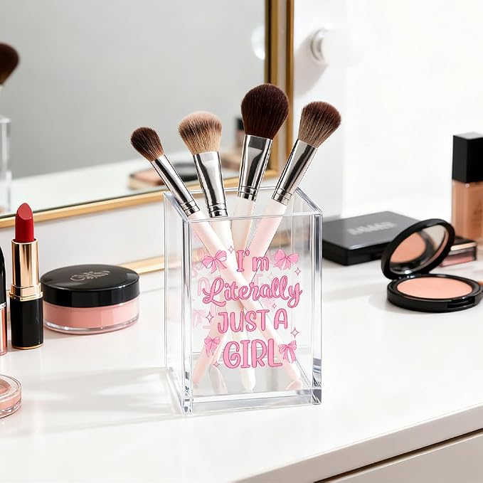 I'm Literally Just A Girl Acrylic Cosmetic Organizer Pen Holder, Funny Acrylic Desk Holder Cup for Pen Pencil, Cute Office Gifts for Women Coworker, Pink Birthday Gifts for Bow Lover Daughter
