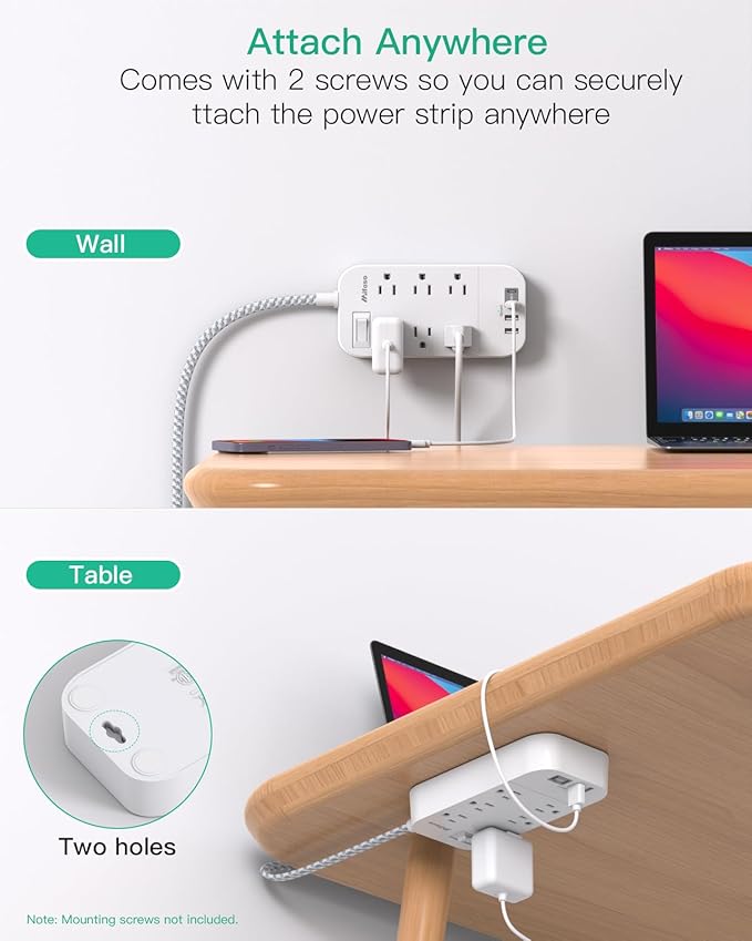 Flat Power Strip - 5 FT Plug Extension Cord, 6 Outlets 4 USB Ports Outlet Extender with Overload Protection, Wall Mount, Desktop Charging Station for Home, Office and Dorm Essential