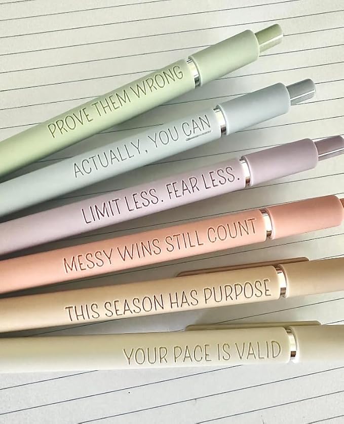 6-Pen Set | Motivational Mantras Soft-Touch Engraved Gel Pens｜Words of Empowerment Uplifting Affirmation for Her Graduation Birthday｜Office Supplies (Silver Pastel)