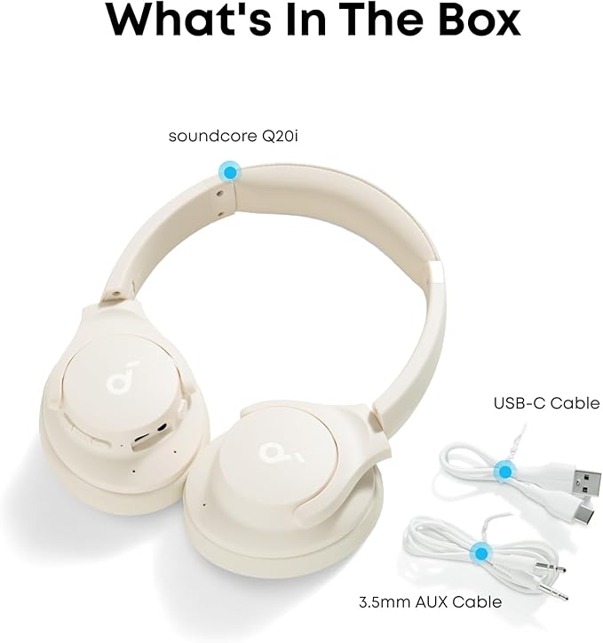 Soundcore by Anker Q20i Hybrid Active Noise Cancelling Headphones, Wireless Over-Ear Bluetooth, 40H Long ANC Playtime, Hi-Res Audio, Big Bass, Customize via an App, Transparency Mode (White) (Renewed)