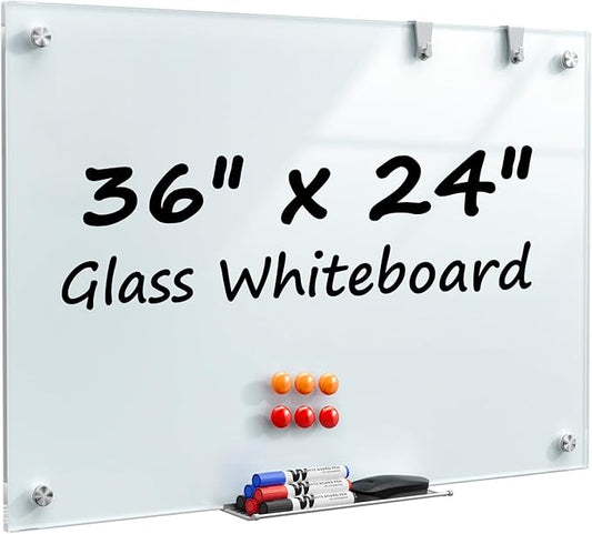 MaxGear Tempered Glass Whiteboard 36x24 Frameless Wall Mounted | Tempered Glass, Scratch Resistant, Stain Resistant, Ghost Free, Easy Erase, Smooth Writing, High Clarity, Frameless