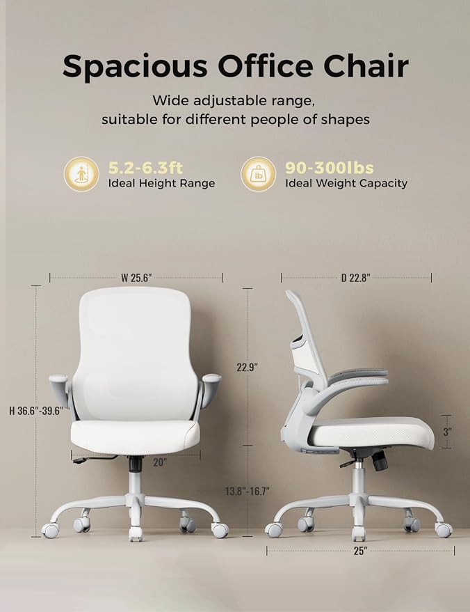 Small Mesh Office Chair with Flip-Up Arms, Ergonomic Desk Chair | Adaptive lumbar contour, 2.8inch dual-density foam and quiet casters aid computer work; 90° folding design tucks under table