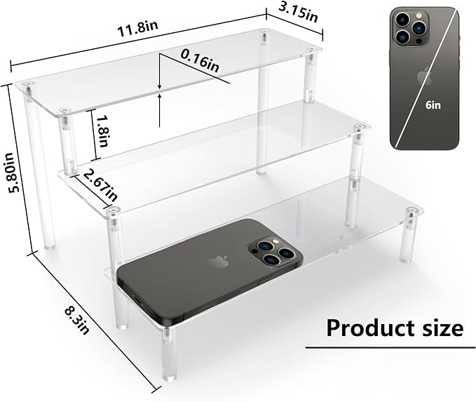 AZEAM Acrylic Display Riser, Clear Perfume Organizer, 3 Tier Cupcake Stand | Acrylic Shelves for Amiibo Funko POP Figures, Shelf Risers for Makeup and Cosmetic, Riser Stand for Vendor Collector, 2 Pack