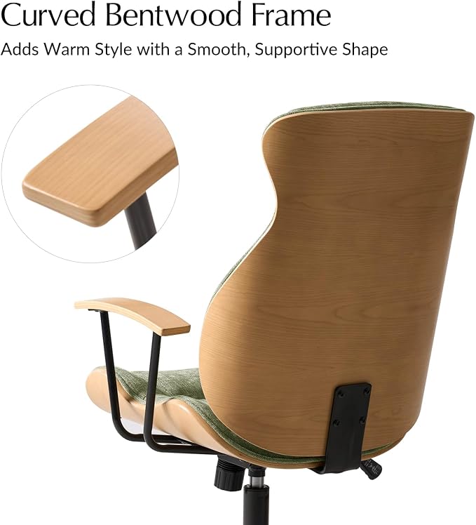 HULALA HOME Solid Wood Office Chair with High Backrest, Green | Mid Century Modern Bentwood Desk Chair with Tilt Function, Swivel Fabric Computer Task Chair, Height Adjustable, Metal Base