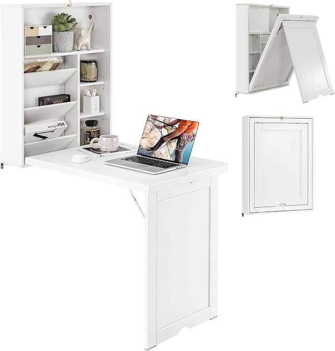 Wall Mounted Desk, Wood Collapsible Floating Desk, Convertible Computer Desk with Storage Area, Hanging Fold Out Table for Home Office, Small Spaces (White)