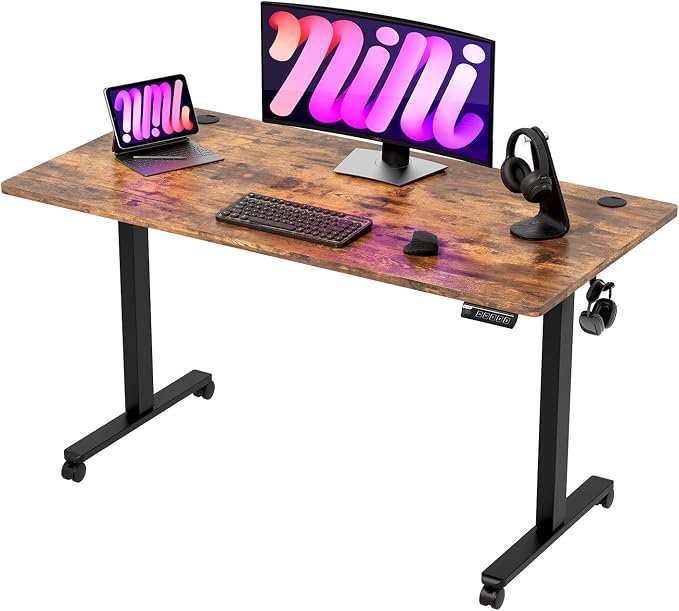 Monomi Electric Standing Desk 48”x24”, Height Adjustable Desk with Wheels | Sit Stand Up Desk for Home Office,Ergonomic Computer desk with Memory Preset and Anti-Collision,Headphone Hook, Rustic Brown