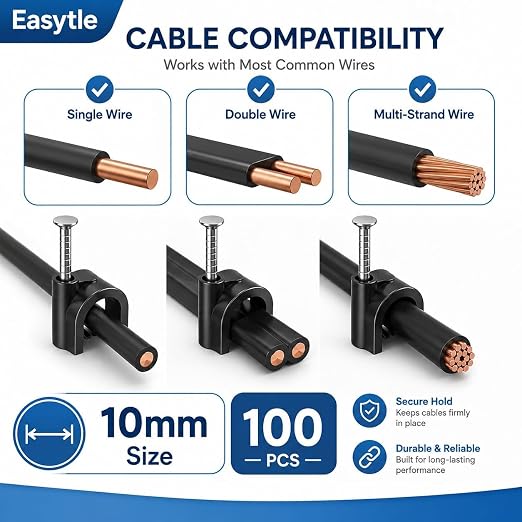 Easytle Plastic Cable Clamps Nail in Cable Clips 100 Pcs 10mm Cable Wire Clips Cable Tacks Coax Cable Clips Speaker Wire Clips Cable Nails for Cords Ethernet Cable Clips Black RG6 RG59 CAT6 RJ45