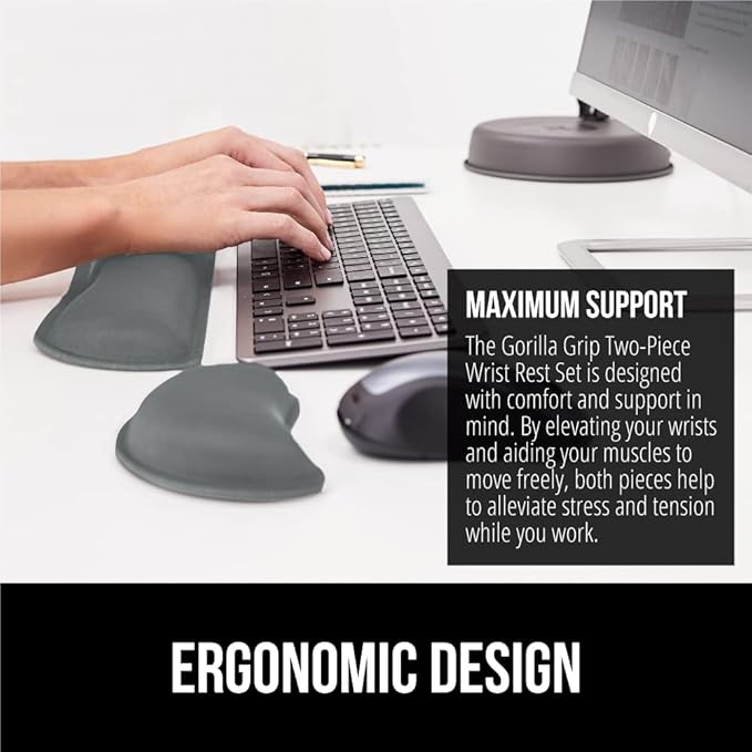 GORILLA GRIP Silky Gel Memory Foam Wrist Rest for Computer Keyboard, Mouse, Ergonomic Design for Typing Pain Relief, Desk Pads Support Hand and Arm, Mousepad Rests, Stain Resistant, 2 Piece Pad, Gray