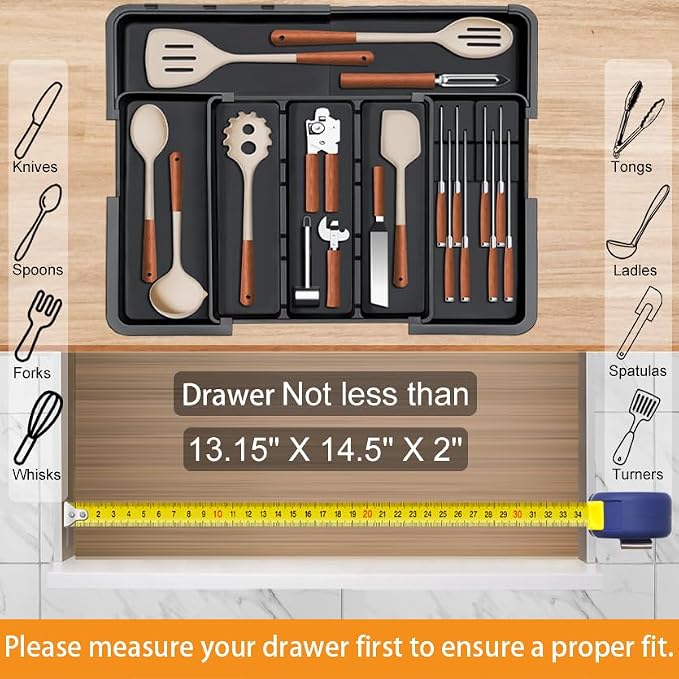 Large Utensil Drawer Organizer for Kitchen, Expandable Silverware Organizer Utensil Holder, Cutlery and Flatware Cooking Tray, Kitchen Drawer Organizers and Storage with Removable Knife Block, Black