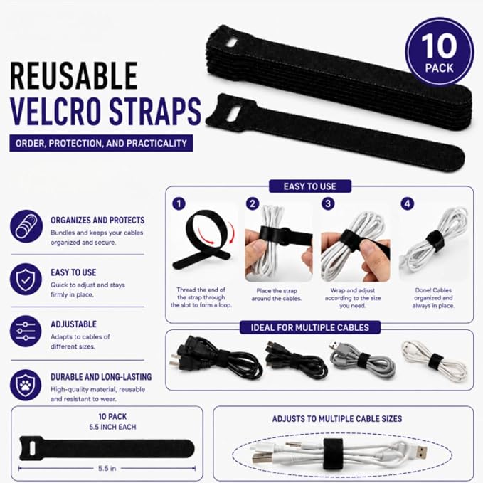 Cable Management Kit for Desk, 34-Piece, Black, Magnetic Organizer, Silicone Clips, Velcro Straps, Sleeve Wrap, Adhesive Cord Holders Office, Home & Gaming Setup cord organizer