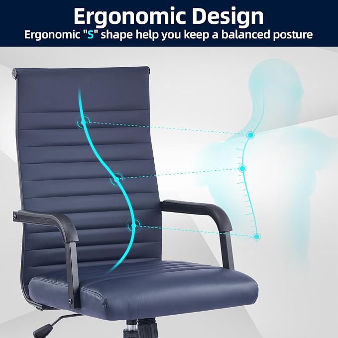 Office Chair, Ergonomic Executive Conference Room Chairs, Ribbed Leather Desk Chair with Lumbar Support, Adjustable Height Mid-Back Swivel Chair with Padded Seat
