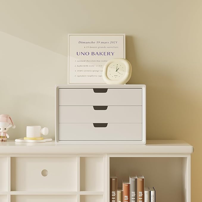 LitaEther Desk Organizer with 3 Drawers, ALEX Drawer Unit, Chic White Wood Cosmetic Makeup Organizer for Office Vanity Tabletop Storage 13.8"X 9"X10.2"