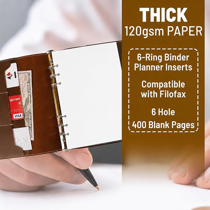 Wanderings A5 6-Ring Binder Planner Inserts - 8.3 x 5.6" - Thick Cream Color Blank Loose Leaf A5 Paper Refills Compatible with Filofax 6 Hole 200 Sheets 400 Blank Pages