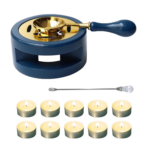 Blue Wax Seal Warmer Furnace Kit with Spoon & Stir Stick and Tealight Candles Set for Wedding Wax Envelope Seal Stamp (Dark Blue)