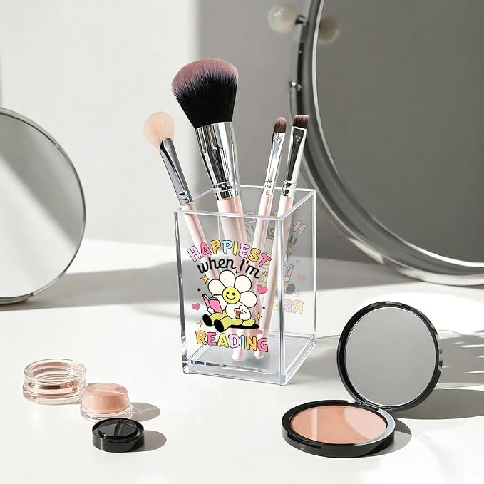Happiest When I'm Reading Acrylic Cosmetic Pencil Pen Holder Cup, Boho Bookish Desk Organizer Accessories, Bookworm Gifts, Book Lover Gifts for Women Girl Book Club Member Daughter Student