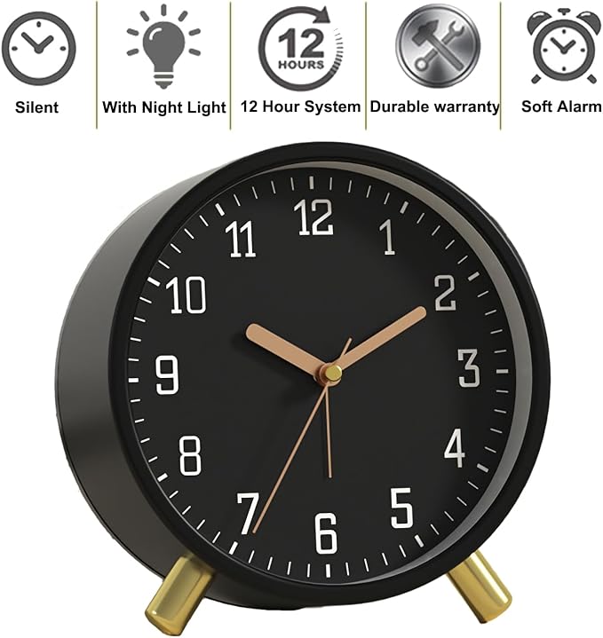 SHISEDECO Small Analog Alarm Clock, Battery Operated Desk Clock, Black | Bedside Analog Non-Ticking Silent Small Deskclock Battery Operated for Living Room, Bedroom, Office