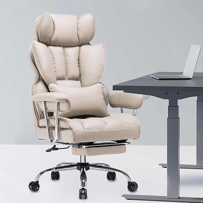 Efomao Big and Tall Office Chair, 400lbs Heavy Duty High Back Executive Chair with 23.6" Extra Wide Seat, PU Leather Desk Chair with Footrest and Padded Armrests, Grey