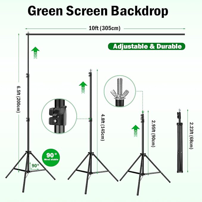 Green Screen Backdrop Kit - 10ft Wide x 6.5ft Tall Portable Green Screen with Heavy Duty Stand, 5 Heavy Duty Clamps & Carrying Bag for Professional Photography, Video Production, Gaming, Zoom Calls