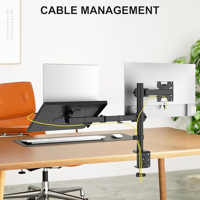 WALI Dual Arm Laptop and Monitor Desk Mount for 17" Notebook and Up to 27" Screen, Fully Adjustable Monitor Arm with Laptop Tray, VESA 75x75 100x100, Holds up to 22 lbs, Black (M001LP)