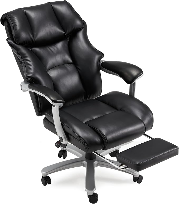 HOMREST Big and Tall Heavy Duty Office Chair 550LBS, Ergonomic Leather Executive Chair with 155° Recline, Large Back Pocket &Footrest, Computer Desk Chair for Heavy People, All Black