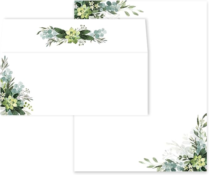 Lush Greenery Letterhead With Envelopes / 40 Decorative Botanical Floral Sheets With Matching Envelopes / 8.5" x 11" Watercolor Foliage Paper/All Occasion Design