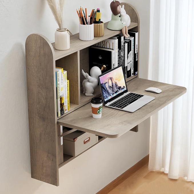Wall Mounted Drop-Leaf Table, Floating Laptop Desk, Folding Table with Shelves, Multifunctional Computer Workstation with Storage Compartments in Home Office for Space Saving (Rustic Oak)