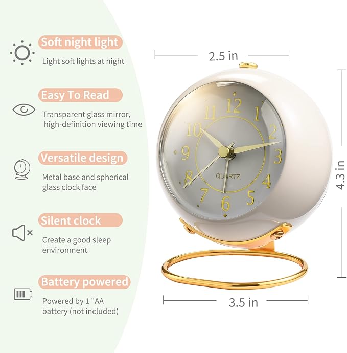 Tetino Analog Alarm Clocks,Retro Backlight Cute Simple Design Small Desk Clock with Night Light,Silent Non-Ticking,Battery Powered,for Decor,Bedrooms,Travel,Kitchen,Bedside Desktop.(White)