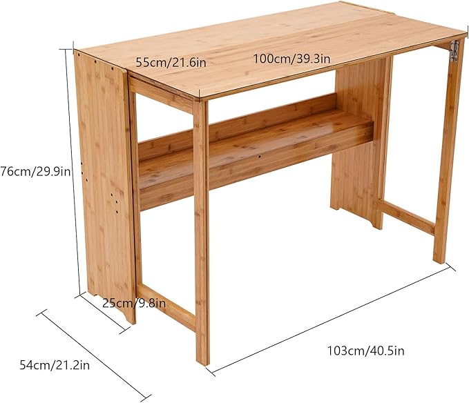 Folding Desk for Small Space, Computer Desk with Bookshelf Multifunctional Bamboo Rectangular Dining Table Work Desk, Writing Desk for Student Office, 40.5" W x 29.9" H (Wood Color)