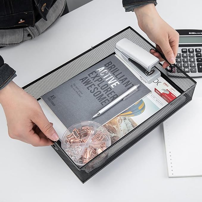 Desk Drawer Organizer, A4 Large Metal Mesh Desk Organizer Tray, Versatile Storage Box Set for Office Home Supplies,13 x 9 inches
