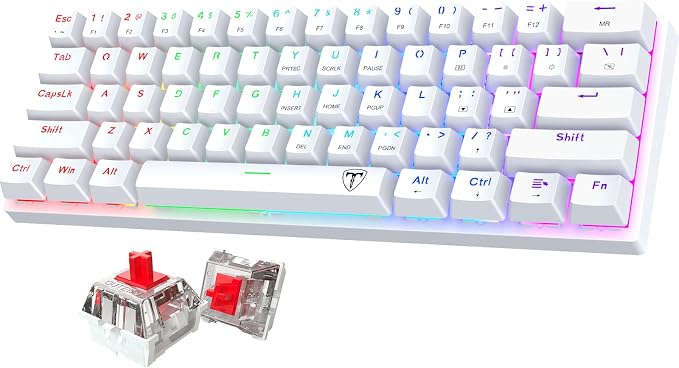 Portable 60% Mechanical Gaming Keyboard, Wired Ergonomic Keyboard with Red Switches,18 LED BacklitKeyboard,61 Keys Ultra-Compact Mini OfficeKeyboard for PC/Mac/Xbox,Easy to Carry On Trip-White