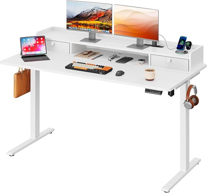 DEVAISE 55 Inch Standing Desk with Sheft, Ergonomic Computer Desk, White | LED Touchscreen, Headphone Hook, 3 Memory Preset, Home Office