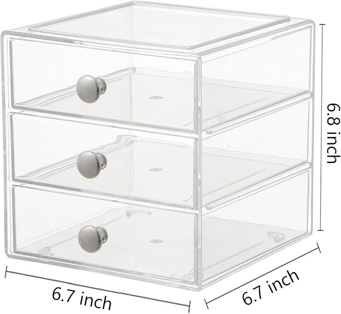 AJIODA Makeup Drawer Organizer Box with 3 Drawers, Acrylic Cosmetic Display Case Vanity Organizer Jewelry Storage Box Stackable Storage for Cosmetics, Skin Care, Bathroom, Countertop, Silver Handle