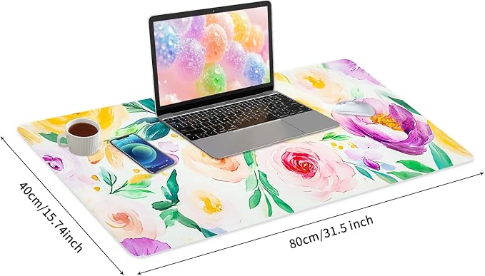 Purple Floral Desk Mat for Desktop, Women Girls Flowers PU Leather Waterproof Desk Pad, Computer PC Laptop Protector Mouse Pads for School Office Home/31.5" x 15.7"