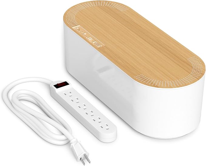 D-Line Cable Management Box with 6 AC Outlet 6ft Power Strip, Hide Extension Cords and Excess Wire Clutter, 16.5in (L) x 4.5in (H) x 5in (W) - Large, White with Wood-Lid