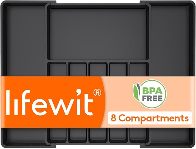 Lifewit Silverware Drawer Organizer, Expandable Utensil Tray for Kitchen, BPA Free Flatware and Cutlery Holder, Adjustable Plastic Storage for Spoons Forks Knives, 15- 27 x 18.5", Black