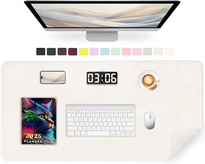 Large Desk Mat 35.4" x 17", PU Leather Desk Pad Protector, Non-Slip Large Mouse Pad for Desk, Waterproof Computer Desk Mat, Office Desk Pad for Keyboard Mouse, Desk Writing Mat (Ivory White)