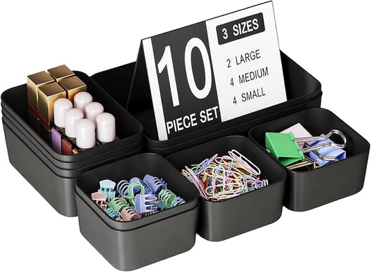 Plastic Drawer Organizers, 10 PCS Drawer Organizer Bins, Bathroom and Vanity Organizer Plastic Tray, Makeup Organizer and Storage for Makeup, Bedroom, Kitchen Gadgets Utensils and Office (Black)