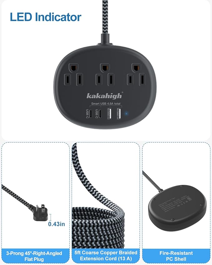 Black Extension Cord 10 Feet, 1625W Extension Cord 3 Prong with 3 AC Outlet 4 USB (24W/4.8A), Bedside Charging Station for Home, Office and Dorm