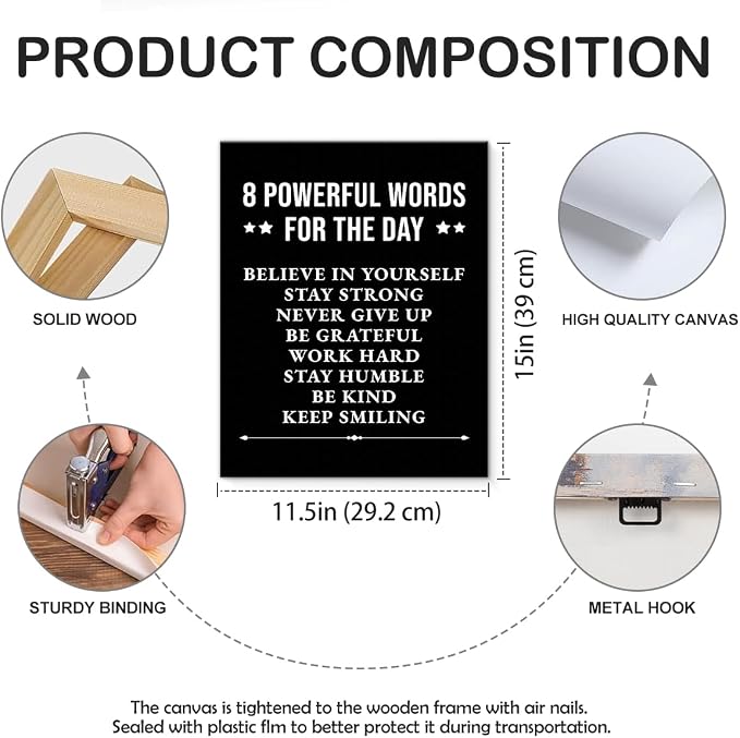 Inspirational Wall Decor, Motivational Canvas Painting Wall Art for Men Teen Boy, Black and White Positive Quotes Posters for Bedroom Living Room Classroom Gym Office (11.5 X 15 Inches, Framed)