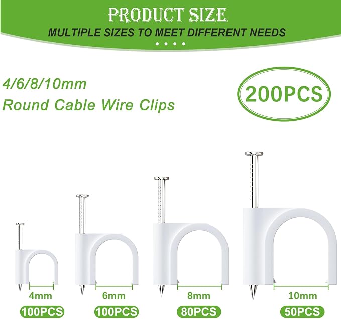 mxuteuk 200PCS Cable Clips with Steel Nails,4/6/8/10mm Round White Cable Wire Clips,Wall Clips for Cords,Cable Cord Clips for RG6 RG59 CAT6 RJ45